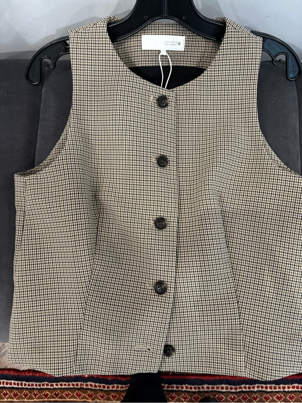 NWT Zara Sleeveless Houndstooth Button-Front Vest Jacket - Black & Cream